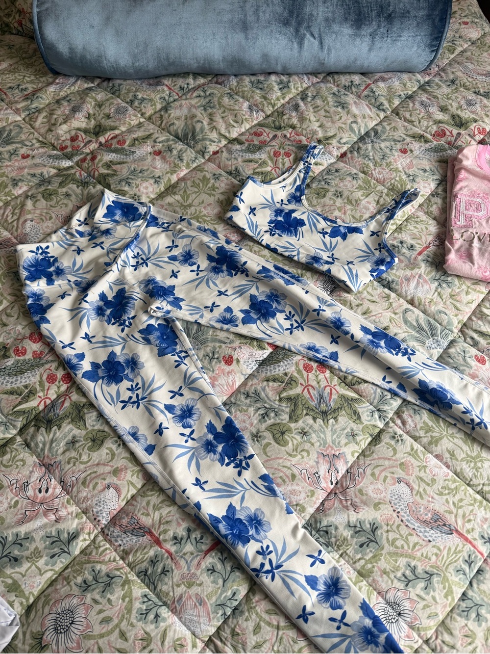 LoveShackFancy White & Blue Floral Legging and Sports Bra Set